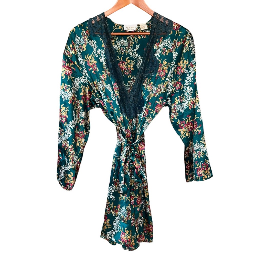 Vtg Victorias Secret Gold Label Green Floral Kimono Robe Lace Trim One Size